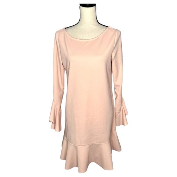 The Vanity Room Pink Long Bell Sleeve Wide Neck Drop Waist Ruffle Dress Size M - Picture 7 of 7